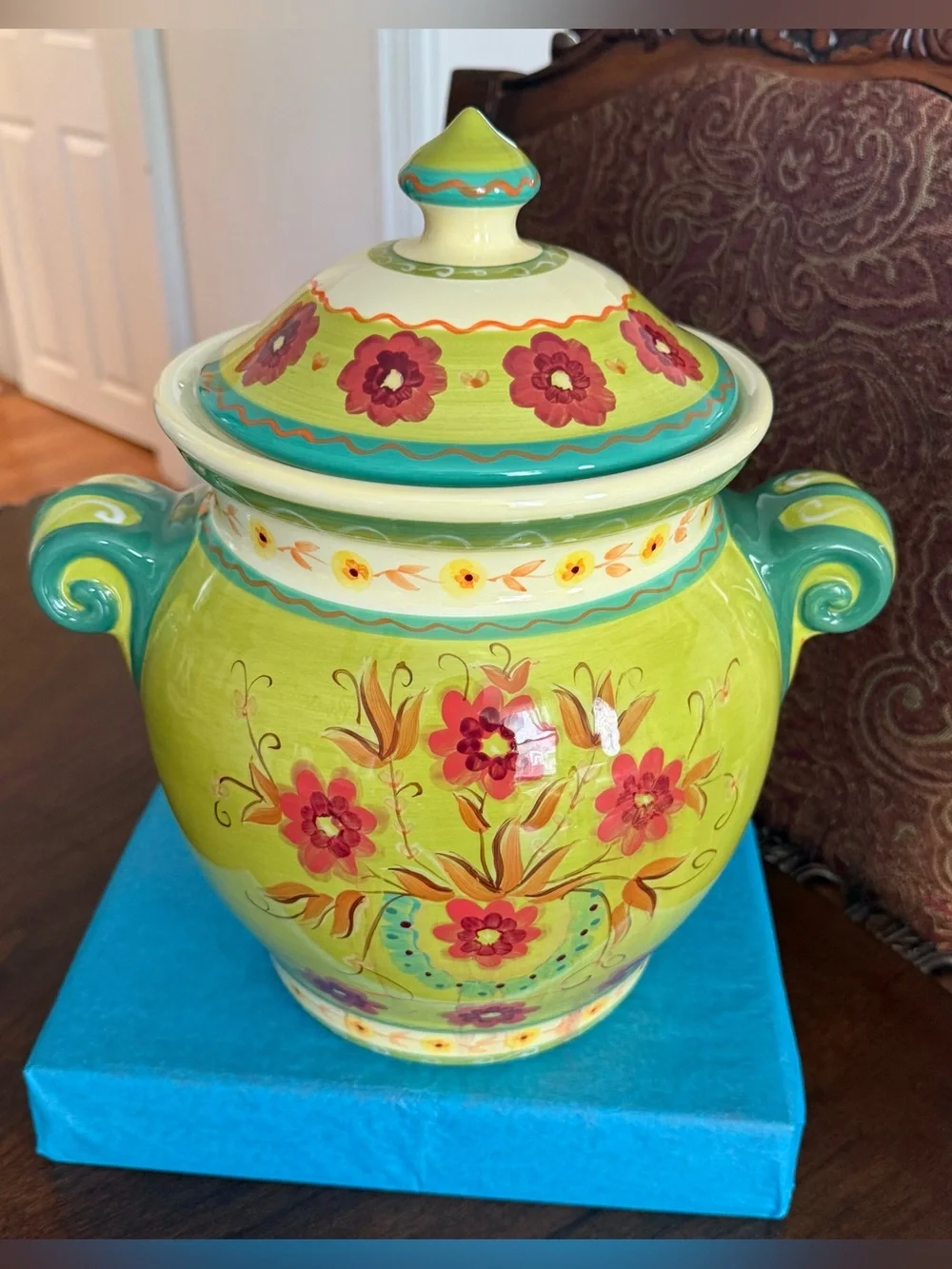 Pier 1 Hand-Painted Ceramic Cookie Jar Canister Lime Green Floral Lid w/Seal 12”
